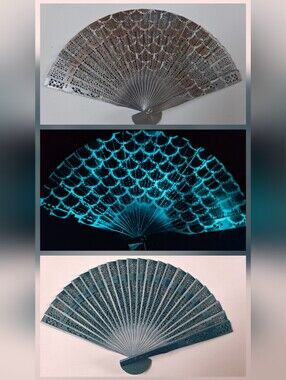 Hand Painted Wood Carved Folding Fan! UV Glow In Dark! Mermaid OCEAN THEME! 2/60